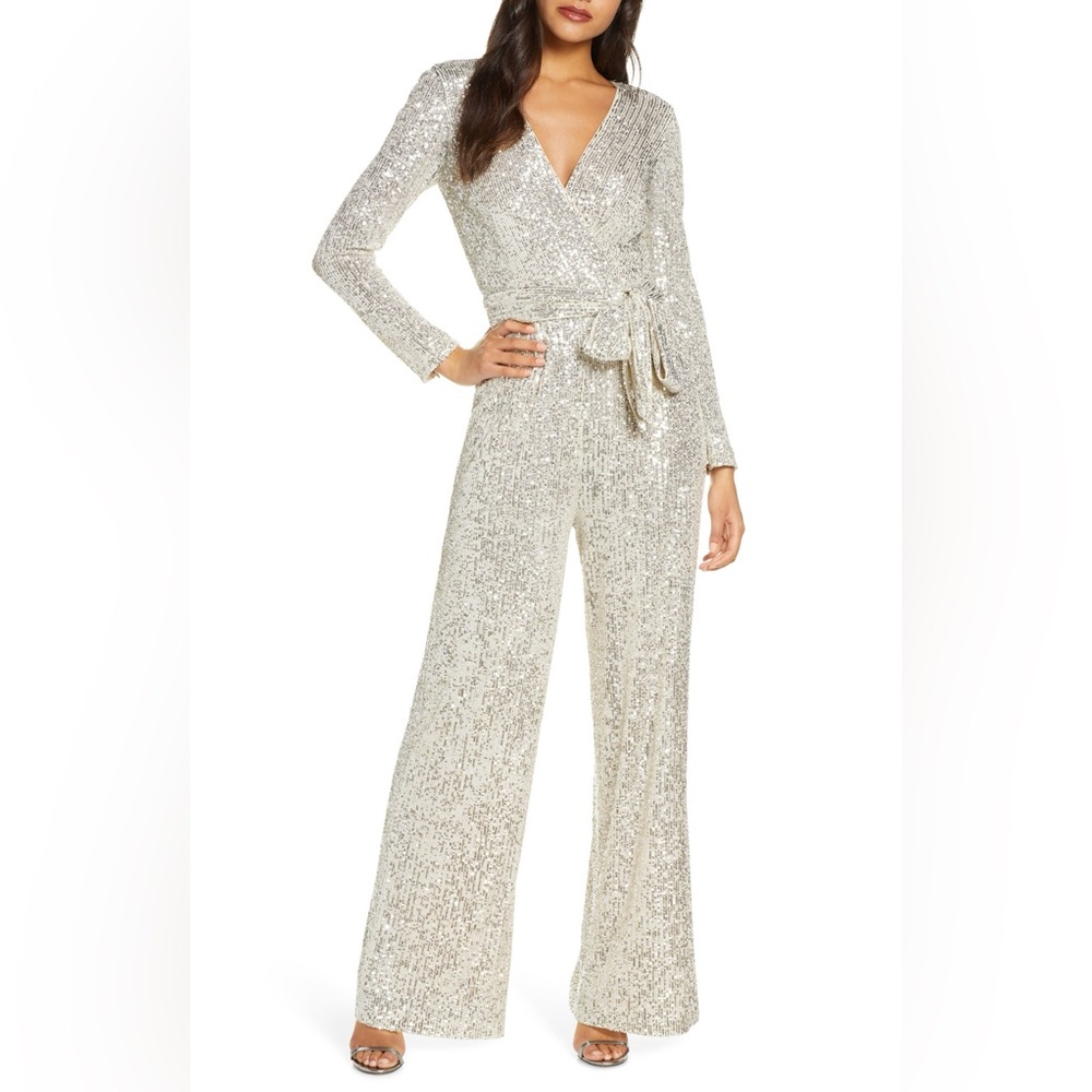 Eliza J Sequin Wrap Front Long Sleeve Jumpsuit